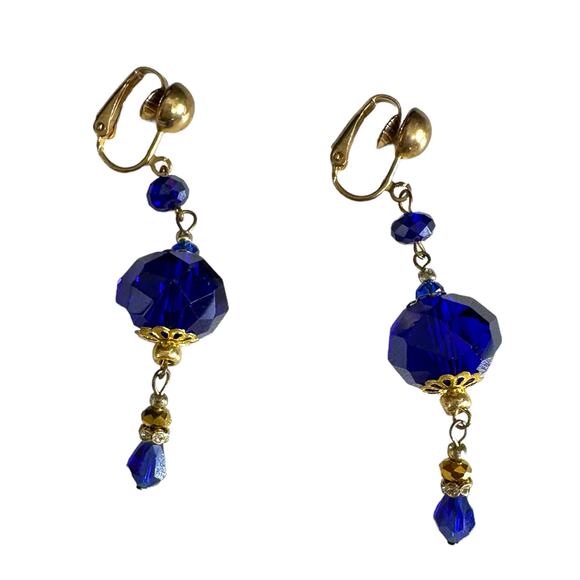 American Vintage Jewelry - Royal Blue Dangle Earrings Clip On Gold Tone Costume Jewelry